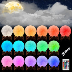 Lampa Luna 3D 20 cm, LED 16 culori, reincarcabila, telecomanda, suport lemn