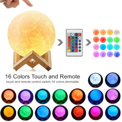 Lampa Luna 3D 20 cm, LED 16 culori, reincarcabila, telecomanda, suport lemn