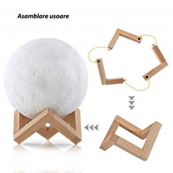Lampa Luna 3D 20 cm, LED 16 culori, reincarcabila, telecomanda, suport lemn