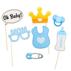 Propsuri PhotoBooth It's a Boy, petreceri botez, 20 piese, suport bat, albastru