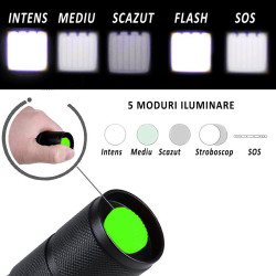 Lanterna LED XML-T6 200 lm, 5 moduri iluminare, functie Zoom, metalica