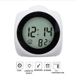 Ceas de birou iluminat LED, proiectie ora, alarma, 5 melodii, temperatura