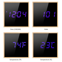 Ceas de birou, LED albastru, senzor sunet, 3 alarme, data, temperatura, cub bambus