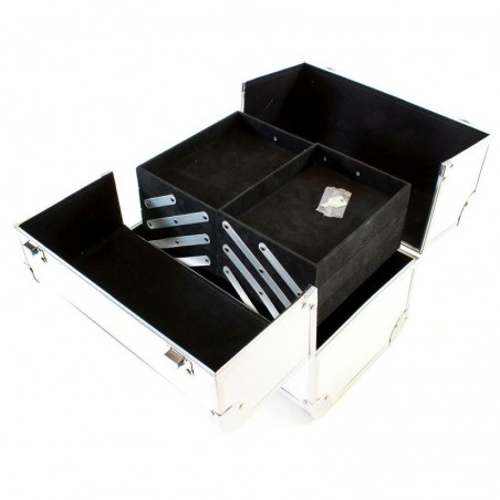 Geanta pentru cosmetice cu organizator, 7 compartimente, interior velur, argintiu