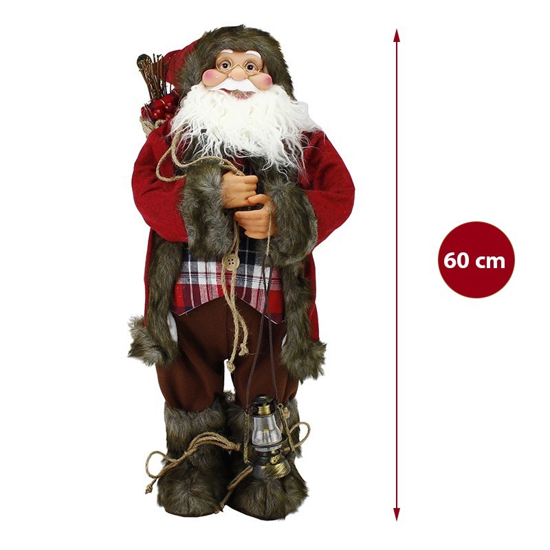 Figurina Mos Craciun cu felinar, inaltime 60cm, sac cadouri, decoratiune Craciun