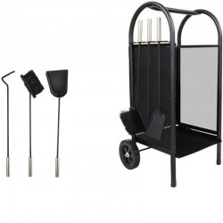 Carucior depozitat lemne pentru semineu, 80 cm, 3 accesorii otel, negru