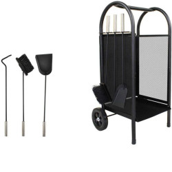 Carucior depozitat lemne pentru semineu, 80 cm, 3 accesorii otel, negru