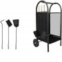 Carucior depozitat lemne pentru semineu, 80 cm, 3 accesorii otel, negru