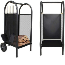 Carucior depozitat lemne pentru semineu, 80 cm, 3 accesorii otel, negru