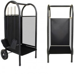 Carucior depozitat lemne pentru semineu, 80 cm, 3 accesorii otel, negru