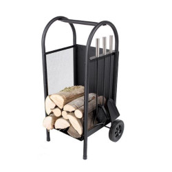 Carucior depozitat lemne pentru semineu, 80 cm, 3 accesorii otel, negru