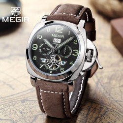 Ceas barbatesc casual, mecanism kinetic, calendar, indicatoare fosforescente, piele, Megir