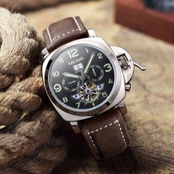 Ceas barbatesc casual, mecanism kinetic, calendar, indicatoare fosforescente, piele, Megir