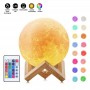 Lampa luna 3D 12cm, multicolora 5 efecte, reincarcabila, telecomanda, suport lemn