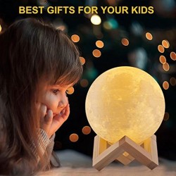 Lampa luna 3D 12cm, multicolora 5 efecte, reincarcabila, telecomanda, suport lemn