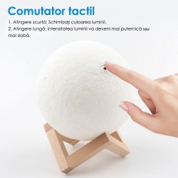 Lampa luna 3D 12cm, multicolora 5 efecte, reincarcabila, telecomanda, suport lemn