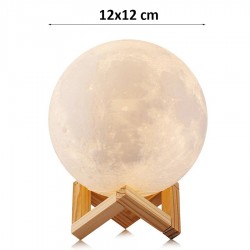 Lampa luna 3D 12cm, multicolora 5 efecte, reincarcabila, telecomanda, suport lemn