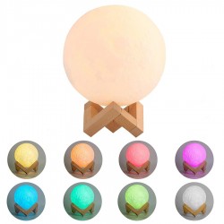 Lampa luna 3D 12cm, multicolora 5 efecte, reincarcabila, telecomanda, suport lemn