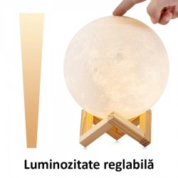 Lampa luna 3D 12cm, multicolora 5 efecte, reincarcabila, telecomanda, suport lemn