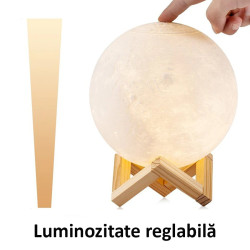 Lampa luna 3D 12cm, multicolora 5 efecte, reincarcabila, telecomanda, suport lemn