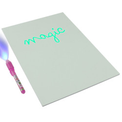 Tablita magica fosforescenta, lumineaza turqoise, rescriptibila, breloc UV