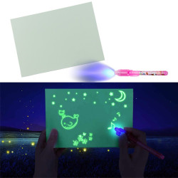 Tablita magica fosforescenta, lumineaza turqoise, rescriptibila, breloc UV