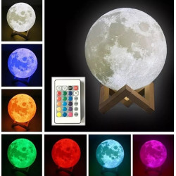 Lampa Luna 3D 20 cm, LED 16 culori, reincarcabila, telecomanda, suport lemn