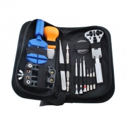 Trusa pentru reparat ceasuri, 13 piese, surubelnite, penseta, cheie, husa