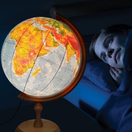 Glob pamantesc iluminat 32 cm, harta politica si fizica, suport lemn, fus orar