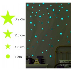 Stickere decorative fosforescente, 75 stelute si buline, lumineaza turcoaz, dimensiuni 1-4 cm, autoadezive