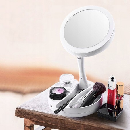 Oglinda cosmetica cu 2 fete, iluminata LED, zoom 10X, brat pliabil, organizator accesorii