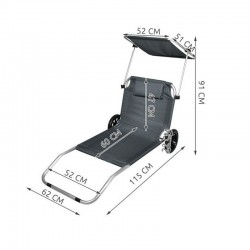Sezlong pliabil cu paravan protectie solara, 2 roti, tetiera, 115x62cm, gri