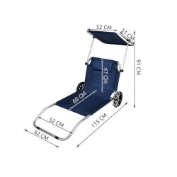 Sezlong pliabil cu umbrela, portabil pe roti, cadru aluminiu, tetiera, 115x62cm, albastru