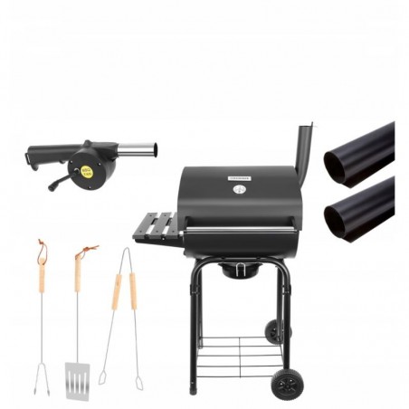 Gratar Grill pe carbune, termometru, suport accesorii, 2 roti, otel, capac cu maner, ustensile, Kaminer