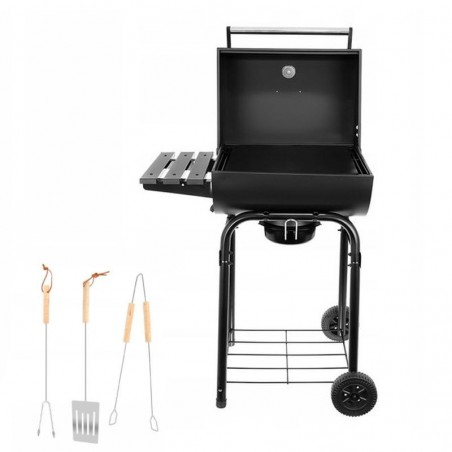 Gratar Grill pe carbune, termometru, suport accesorii, 2 roti, otel, capac cu maner, ustensile, Kaminer