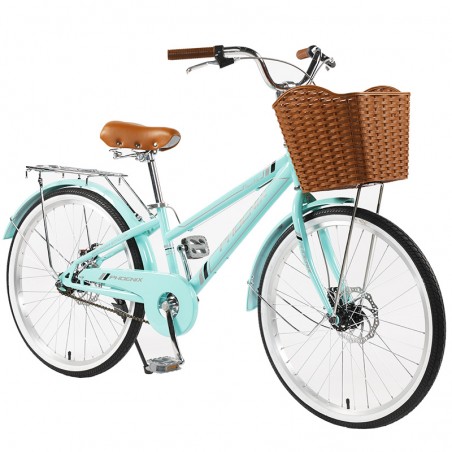 Bicicleta dama cu cos, roti 24 inch, cadru otel 13", frane V-Brake, albastru deschis, Phoenix