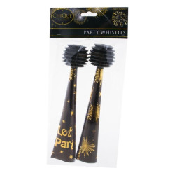 Trompeta Let's Party, claxon vuvuzela cu burduf, 27.5 cm, set 2 bucati, negru-auriu