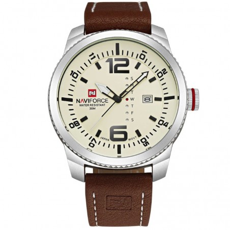 Ceas barbatesc Naviforce, Quartz, analogic, curea piele, 3 ATM, data si ziua saptamanii