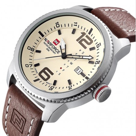 Ceas barbatesc Naviforce, Quartz, analogic, curea piele, 3 ATM, data si ziua saptamanii