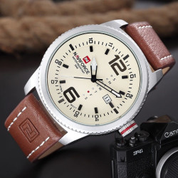 Ceas barbatesc Naviforce, Quartz, analogic, curea piele, 3 ATM, data si ziua saptamanii