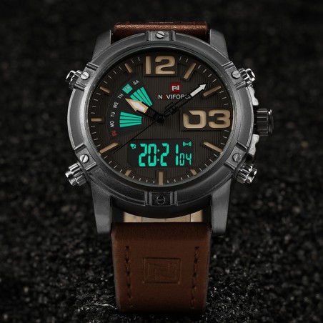 Ceas barbatesc Naviforce, analog si digital, Quartz, alarma, cronograf, iluminat, curea piele