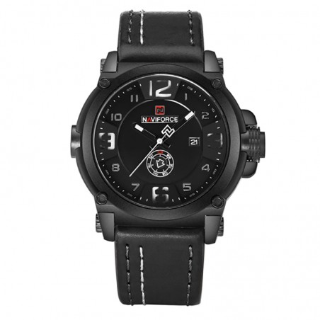 Ceas de mana barbatesc Naviforce, analog Quartz, 3ATM, data, saptamana, curea piele, negru