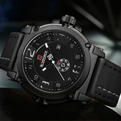Ceas de mana barbatesc Naviforce, analog Quartz, 3ATM, data, saptamana, curea piele, negru