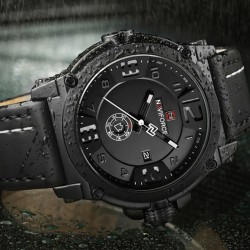 Ceas de mana barbatesc Naviforce, analog Quartz, 3ATM, data, saptamana, curea piele, negru