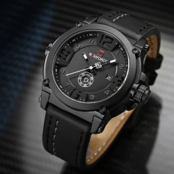 Ceas de mana barbatesc Naviforce, analog Quartz, 3ATM, data, saptamana, curea piele, negru