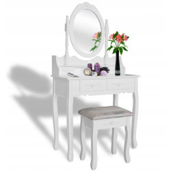 Set masa de toaleta pentru machiaj 74x143x40 cm, scaun, oglinda ovala, 4 sertare, design vintage, alb