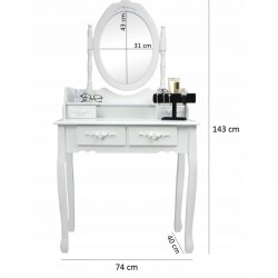 Set masa de toaleta pentru machiaj 74x143x40 cm, scaun, oglinda ovala, 4 sertare, design vintage, alb