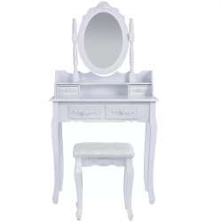 Set masa de toaleta pentru machiaj 74x143x40 cm, scaun, oglinda ovala, 4 sertare, design vintage, alb