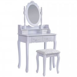 Set masa de toaleta pentru machiaj 74x143x40 cm, scaun, oglinda ovala, 4 sertare, design vintage, alb
