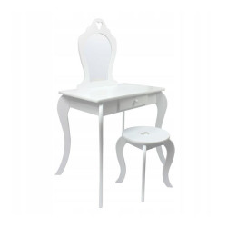Set masa de toaleta si scaun pentru fetite, oglinda, sertar, lemn alb cu design vintage, 108x71x39.5 cm